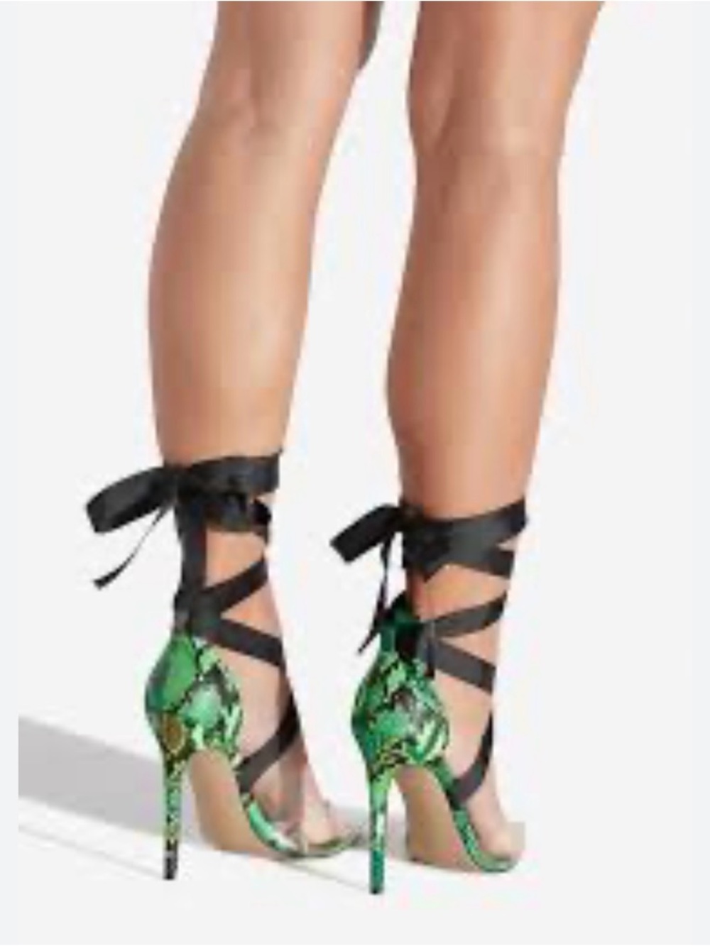Shoe Dazzle Green Snake-Print Lace-Up Stiletto Heels with Black Ribbons